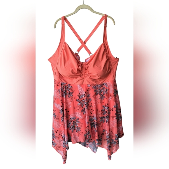 BloomChic Plus 26 Coral Floral with Adjustable Criss Cross Shark Bite Swim Dress - Picture 1 of 8